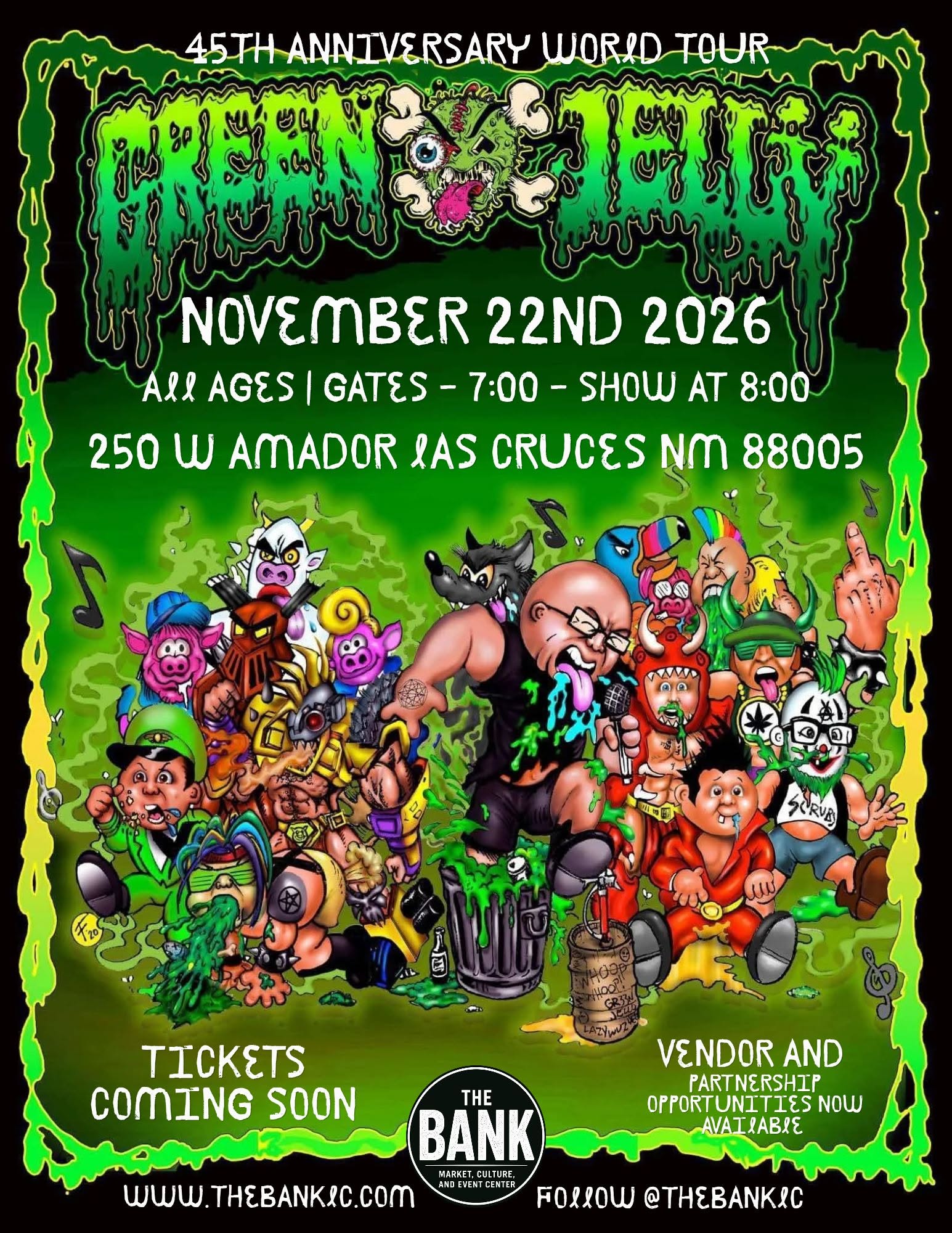 Green Jellÿ 45th Anniversary World Tour poster for TheBank in Las Cruces